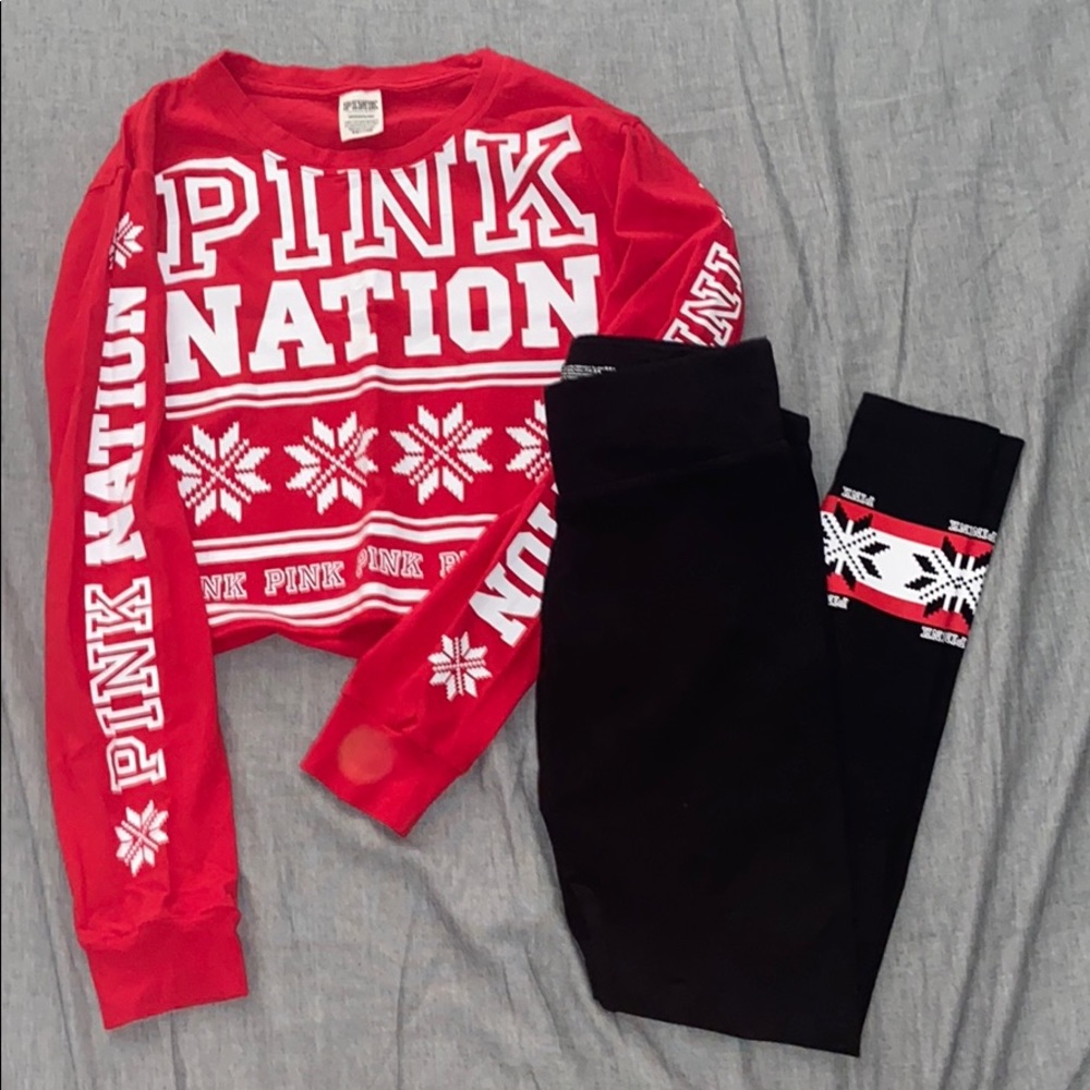 PINK Victoria's Secret Red and Black Holiday Sweatshirt & Leggings Set